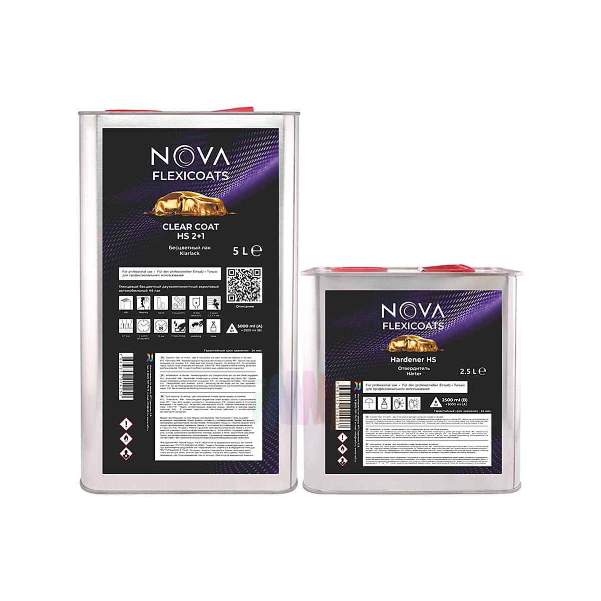 NOVA Flexicoats 2+1 HS Прозрачный глянцевый акриловый автомобильный лак 5 л. с отвердителем 2,5 л.